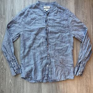 M&S Women's Linen Shirt Blue White Stripe Band Collar Long Sleeve S